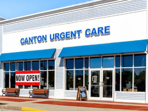 Canton Urgent Care building with blue awnings